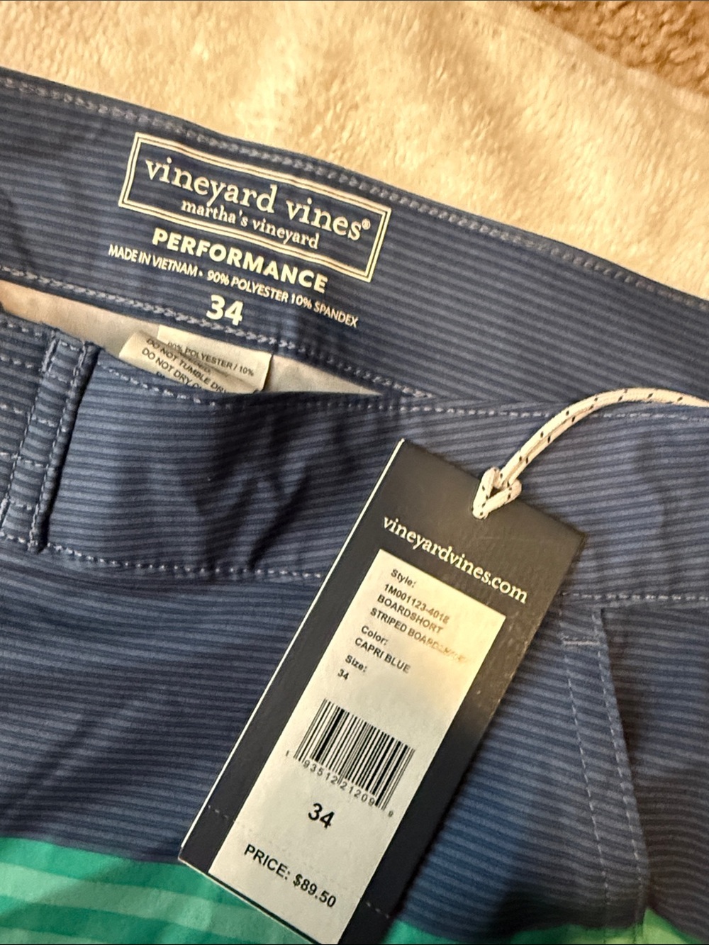 Vineyard Vines Navy with Green Striped Men’s Swim Board Shorts - Picture 2 of 4